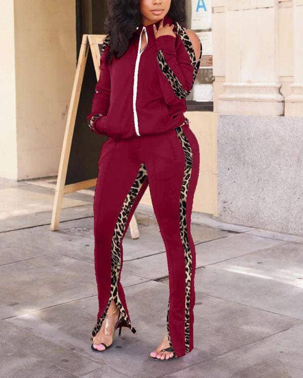 Patch long sleeve zip up top split hem pants set