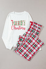 MERRY CHRISTMAS Round Neck Top and Plaid Pants Set