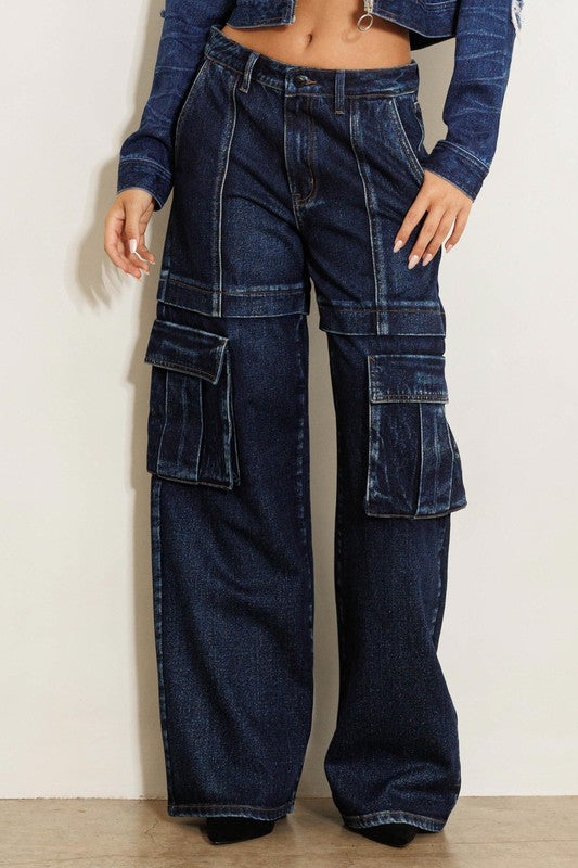 Cargo Pocket Wide Jeans - Brenlee The  Boutique 