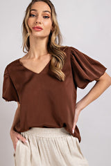 V-Neck Puff Sleeve Blouse Top