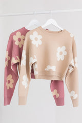 Long Sleeve Crop Sweater with Daisy Pattern