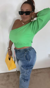 One shoulder crop top green and fusia