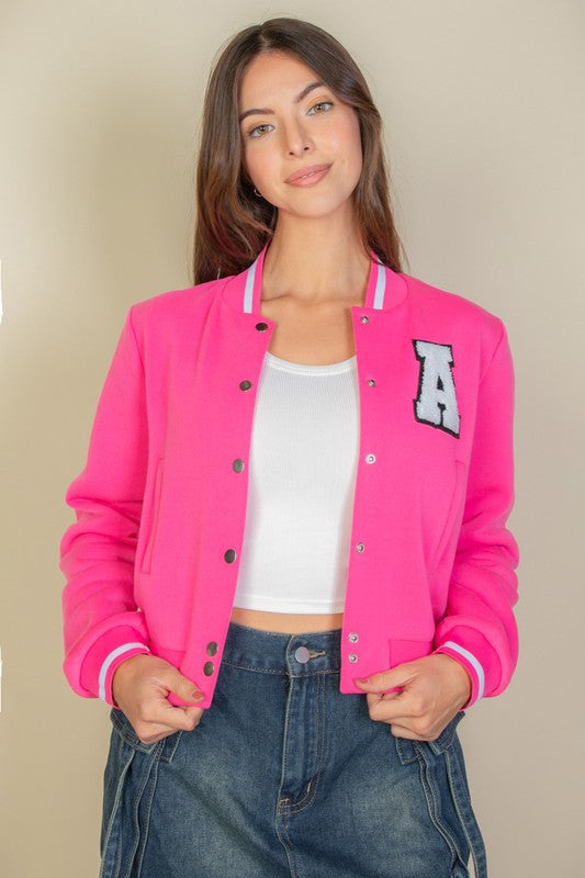 EZwear Letter Patched Crop Varsity Jacket - Brenlee The  Boutique 