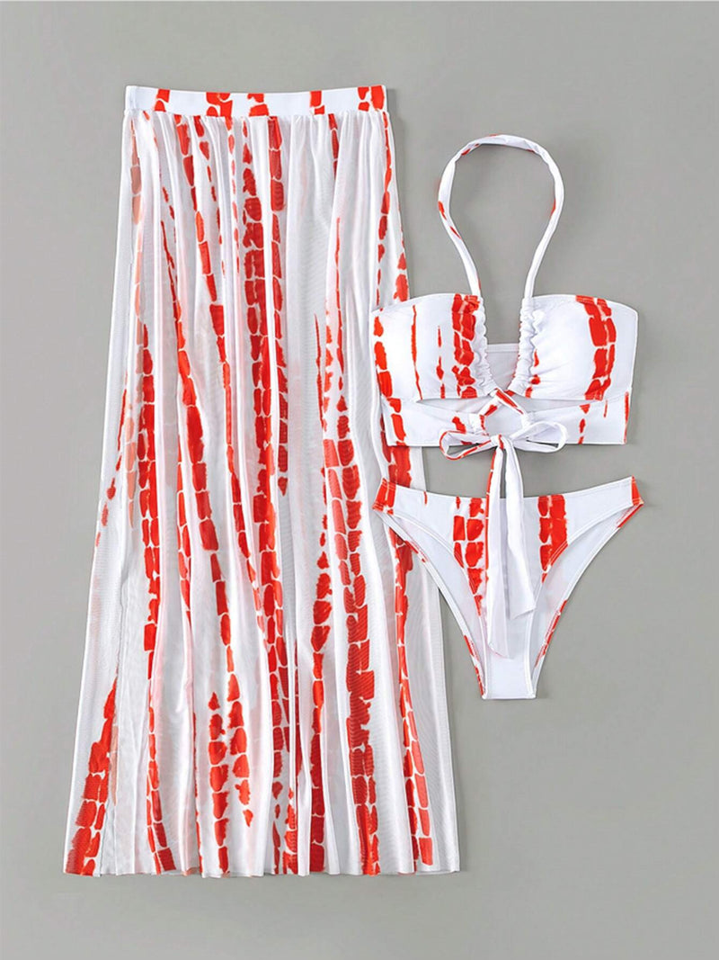 Printed Halter Neck Three-Piece Swim Set