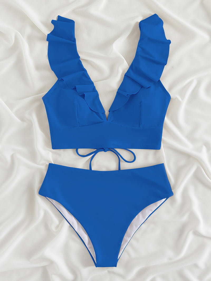 Ruffled V-Neck Sleeveless Two-Piece Swim Set