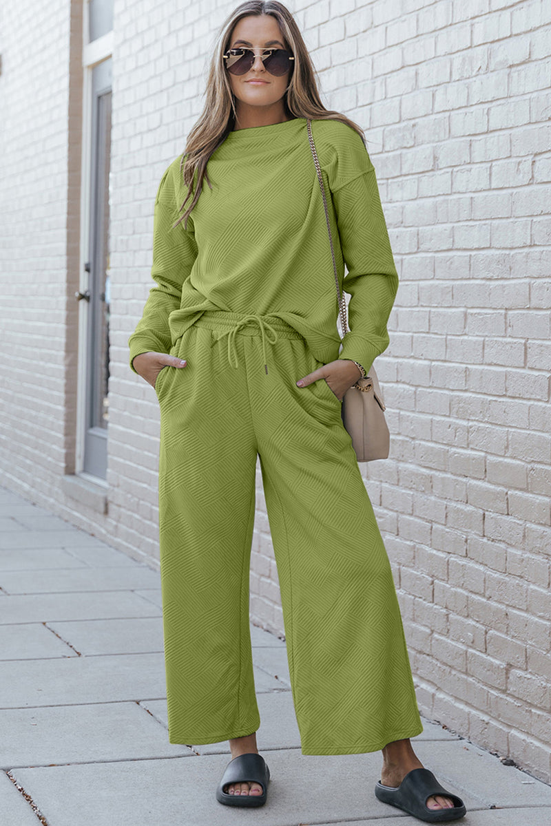 Double Take Full Size Textured Long Sleeve Top and Drawstring Pants Set - Brenlee The  Boutique 