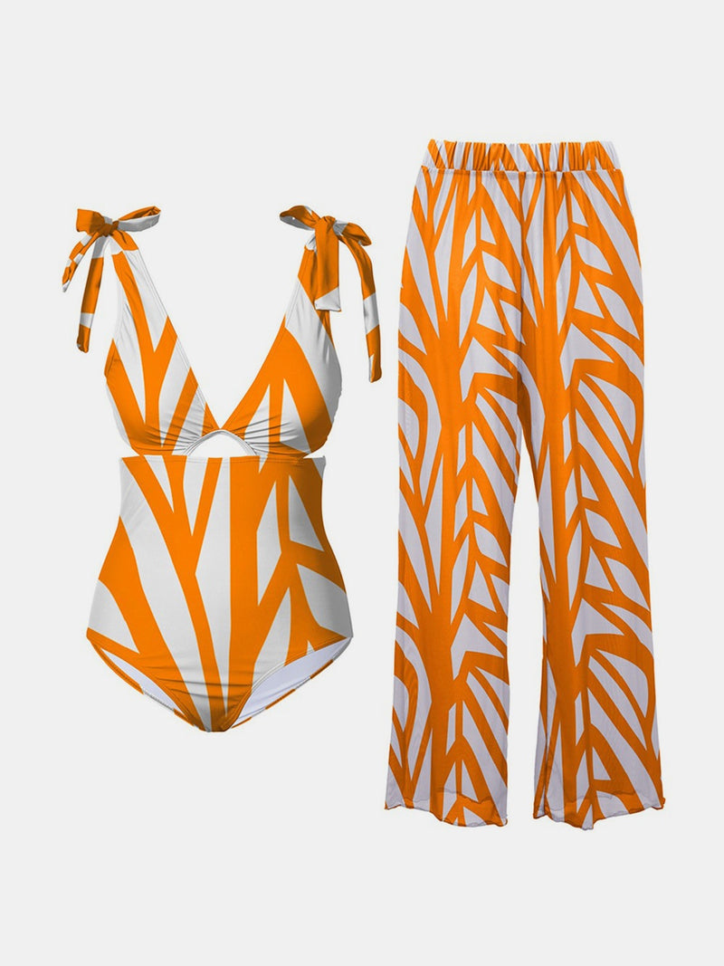 Printed Tie Shoulder Swimwear and Pants Swim Set