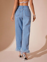 Plush Hem High Rise Straight Jeans