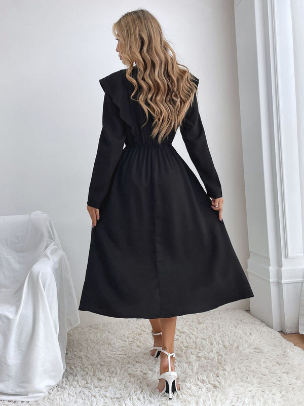 Ruched Ruffled Round Neck Long Sleeve Dress