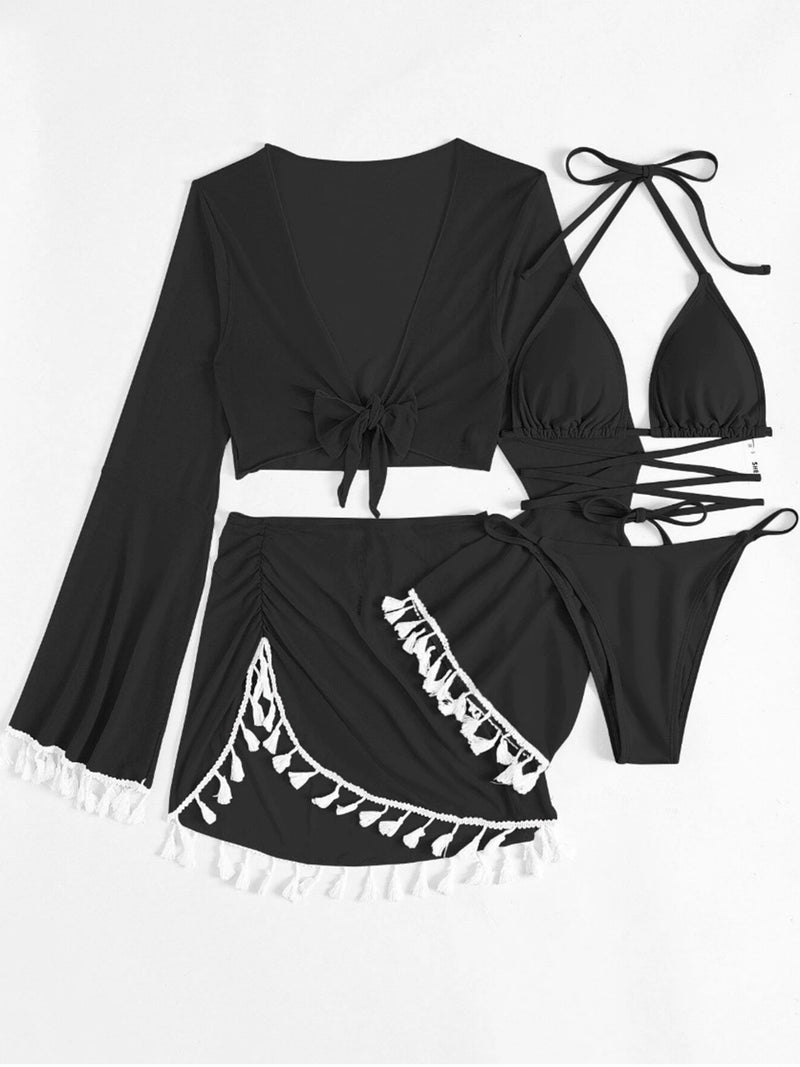 Halter Neck Bra, Bottom, Tassel Flare Sleeve Cover-Up and Skirt Four-Piece Swim Set