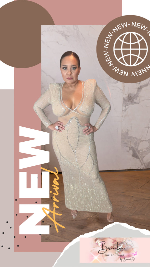 Long Sleeve Rhinestone Maxi Dress Tan - Brenlee The  Boutique 