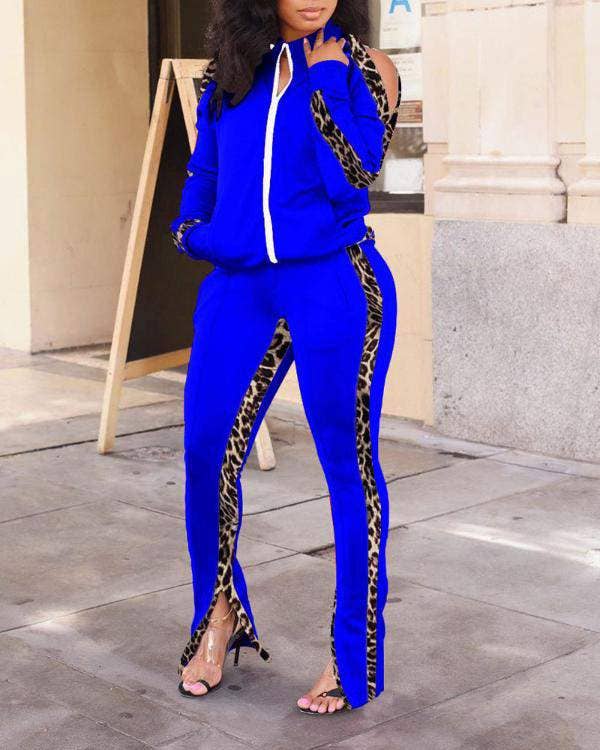 Patch long sleeve zip up top split hem pants set