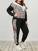 Plus Size Leopard Sweatshirt and Sweatpants Set