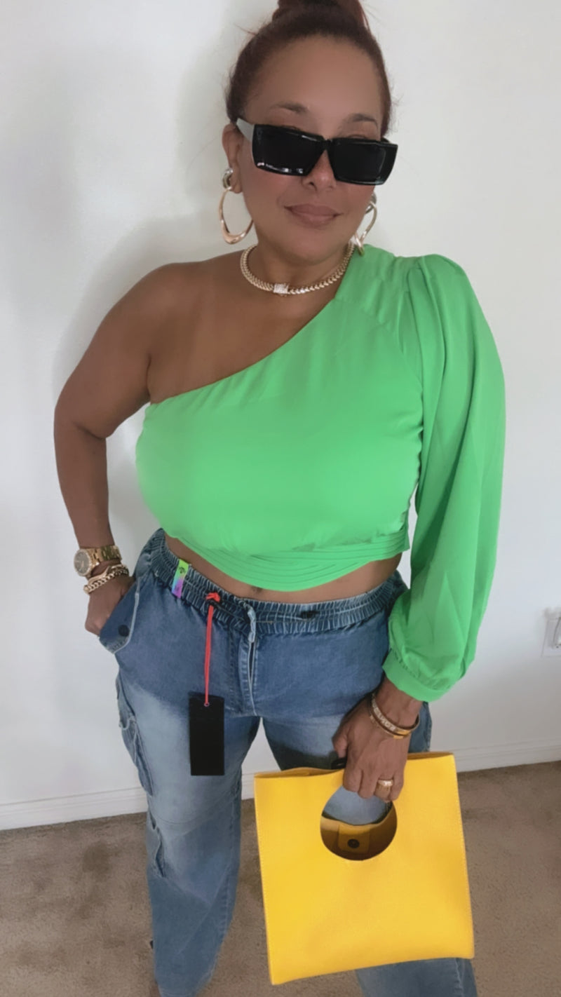 One shoulder crop top green and fusia