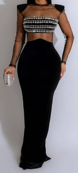 Solid color mesh hot diamond long sleeved dress