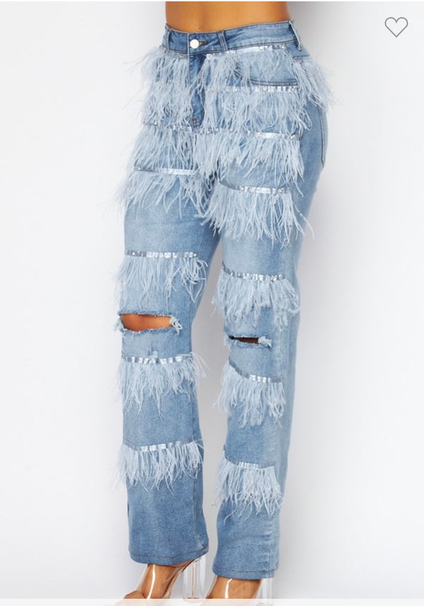 Feathers trim denim jean