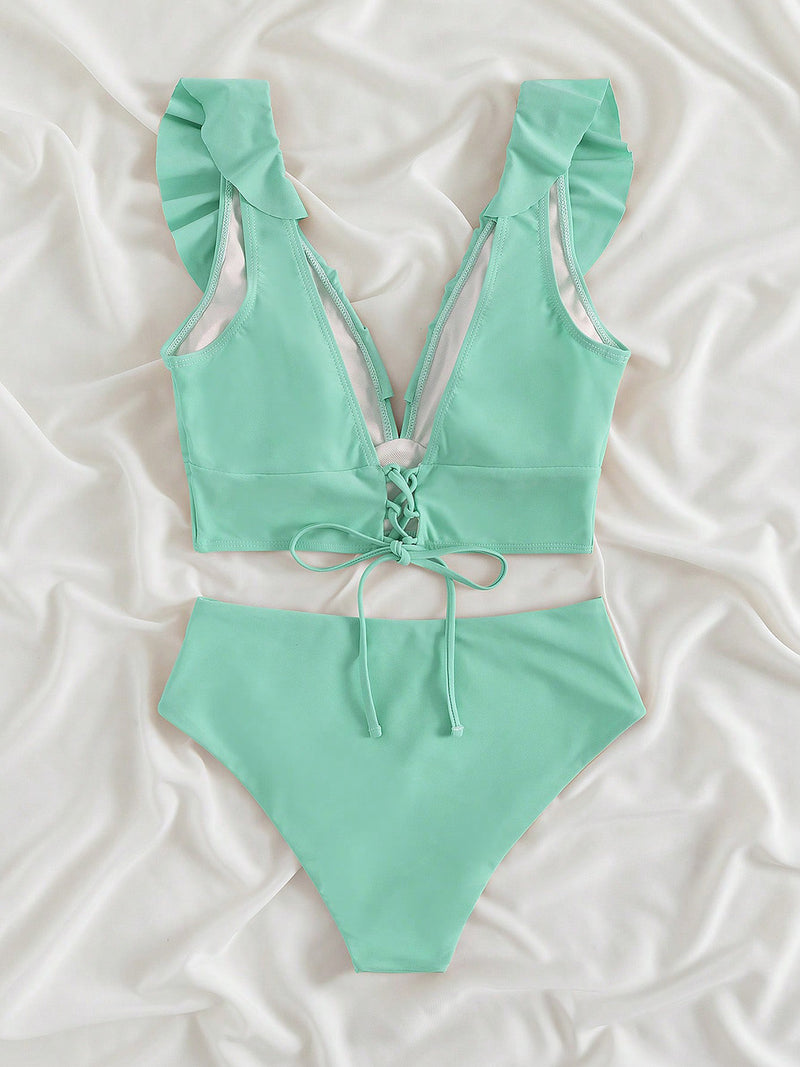 Ruffled V-Neck Sleeveless Two-Piece Swim Set