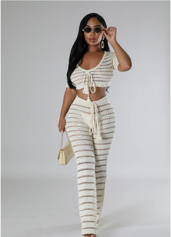 Crochet Crop Top & Waist Flare Pants Set