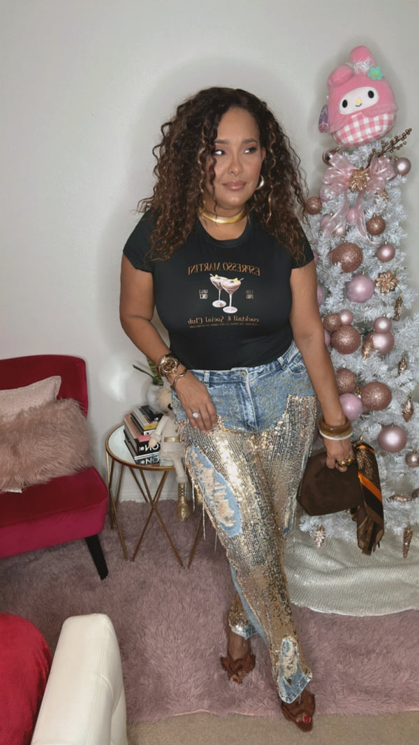 Brenlee’s gold & silver sequence jeans