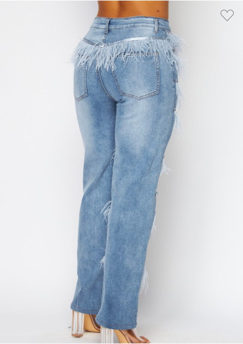 Feathers trim denim jean