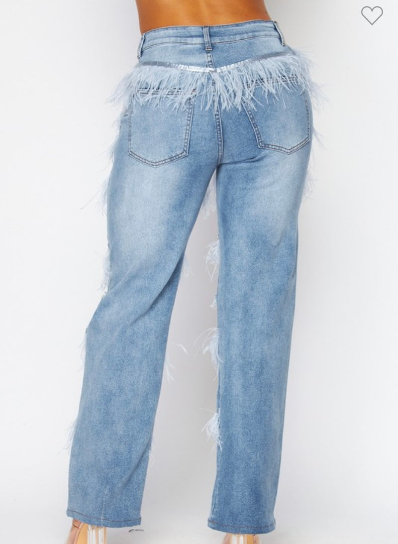 Feathers trim denim jean