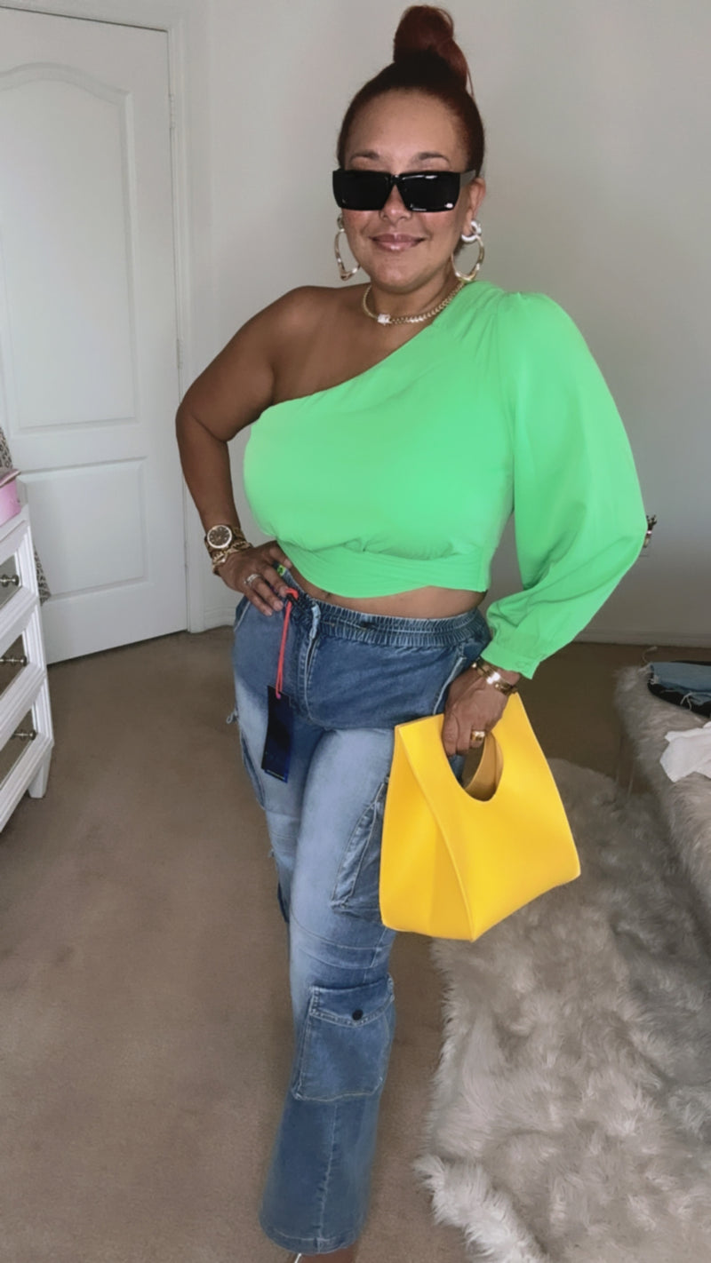 One shoulder crop top green and fusia