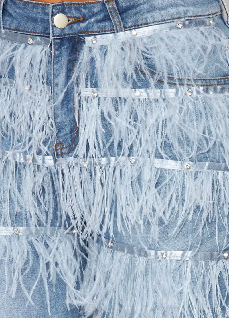 Feathers trim denim jean