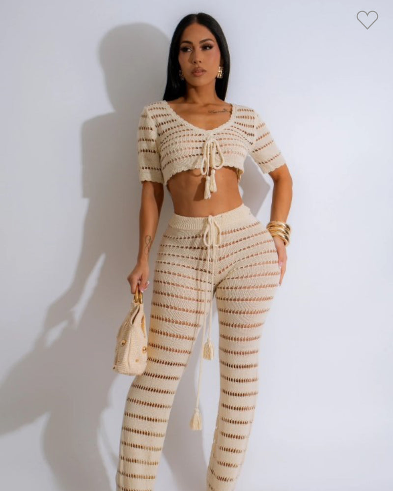 Crochet Crop Top & Waist Flare Pants Set