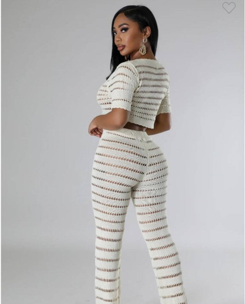 Crochet Crop Top & Waist Flare Pants Set