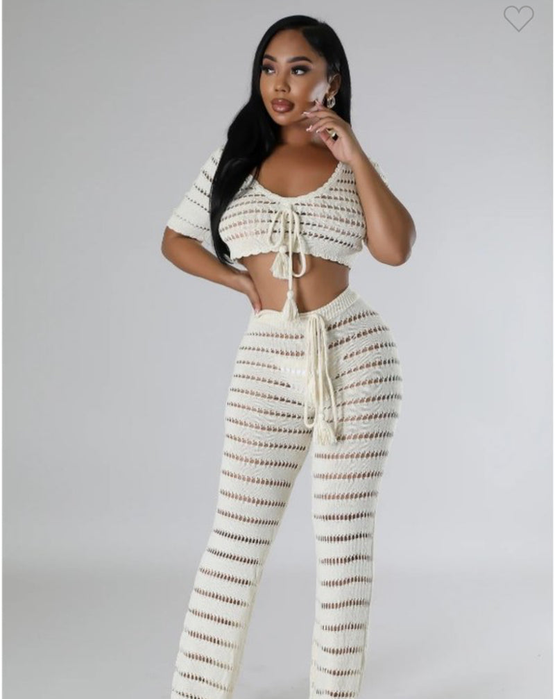 Crochet Crop Top & Waist Flare Pants Set