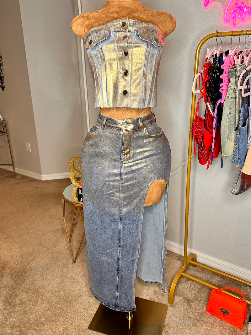 Golden Strapless Jean Top