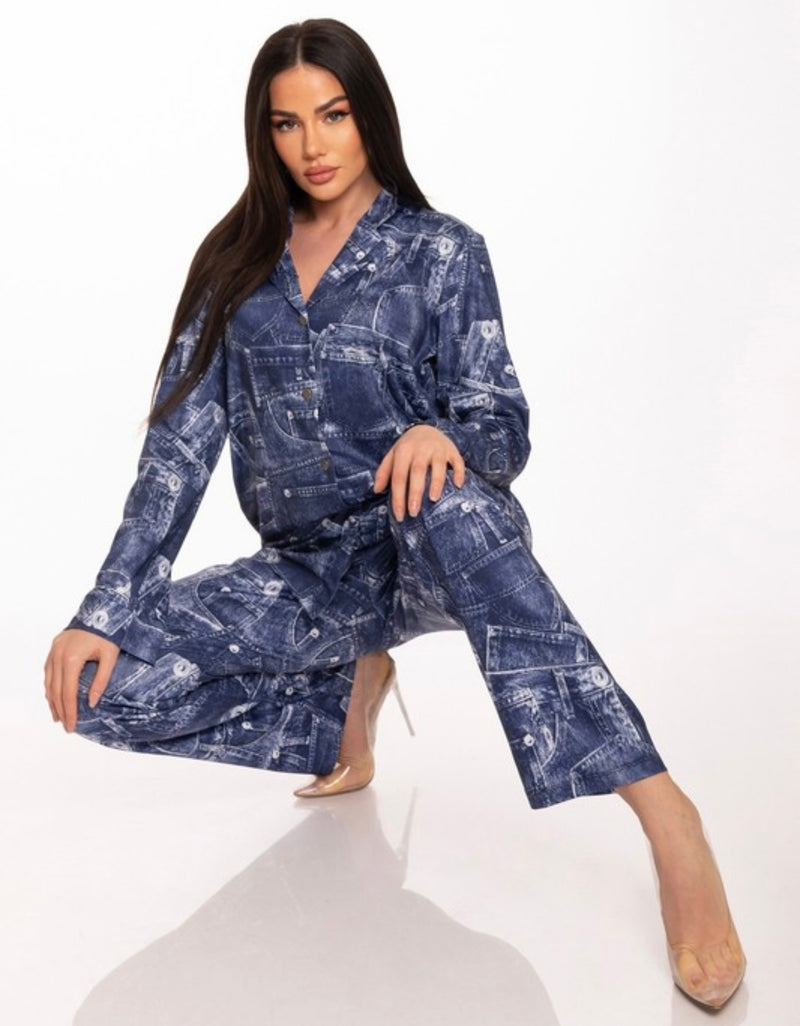 Leslie Denim Print Long Sleeves Pants Set