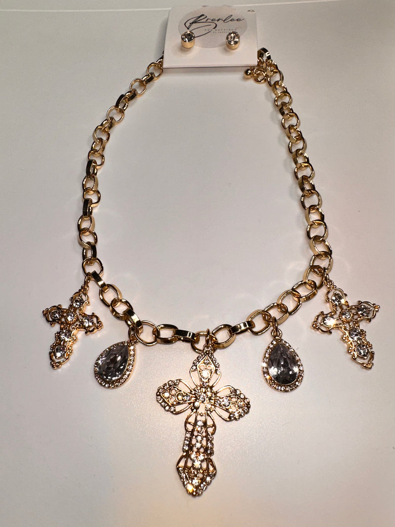 Gold and rhinestones Cross necklace - Brenlee The  Boutique 