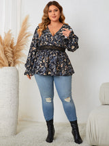 Plus Size Surplice Neck Flounce Sleeve Blouse