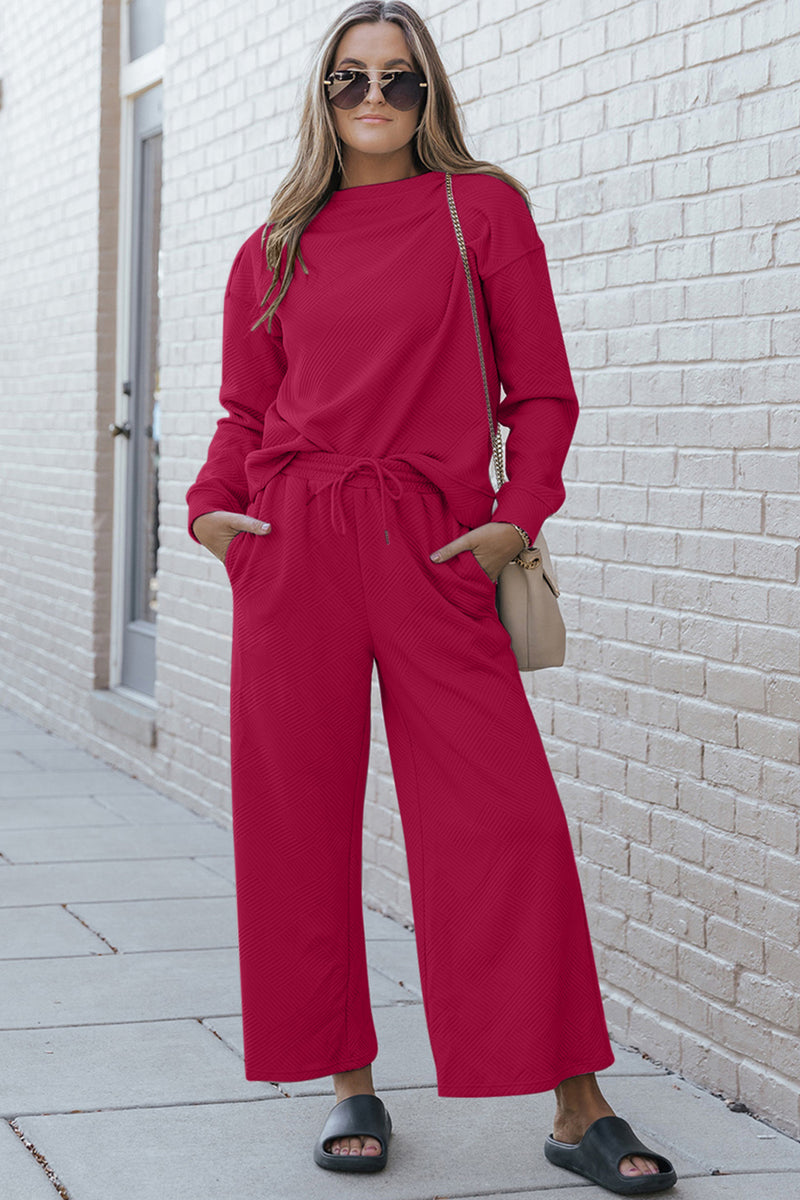 Double Take Full Size Textured Long Sleeve Top and Drawstring Pants Set - Brenlee The  Boutique 