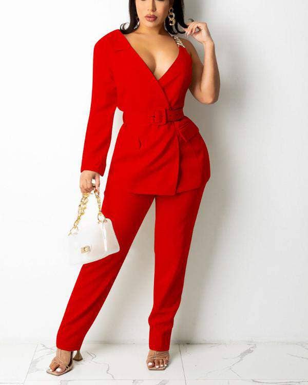 One shoulder belted blazer tailored pants set