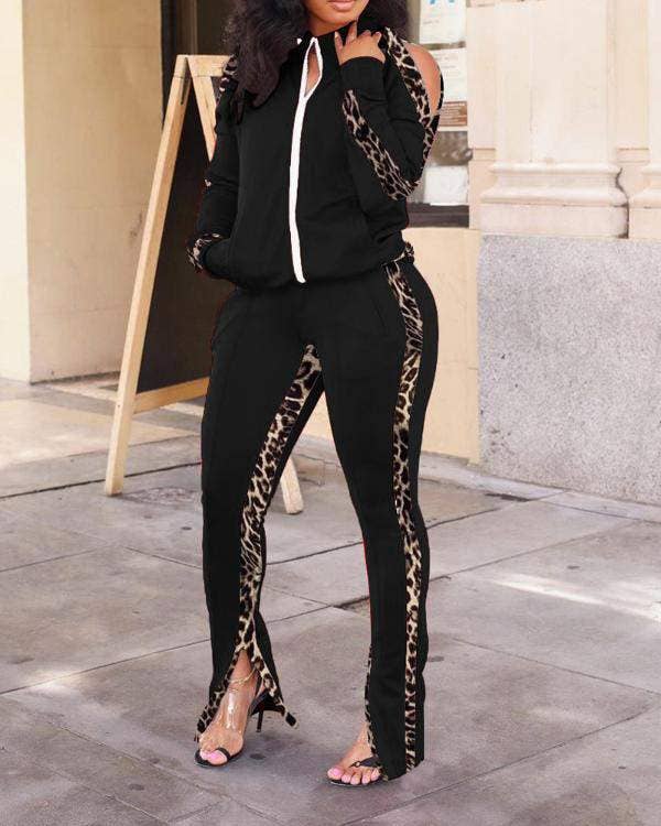 Patch long sleeve zip up top split hem pants set