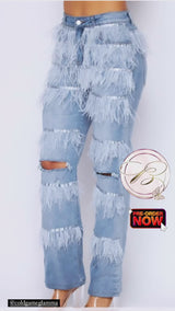 Feathers trim denim jean