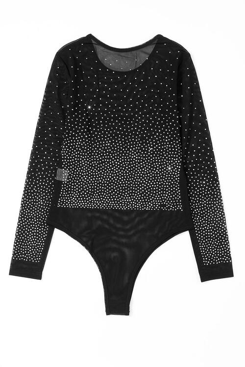 Rhinestone Embellished Mesh Long Sleeve Bodysuit - Brenlee The  Boutique 