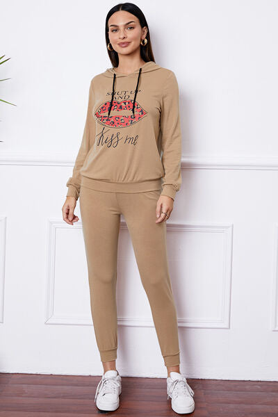 SHUT UP AND KISS ME Lip Graphic Hooded Top and Drawstring Pants Set - Brenlee The  Boutique 