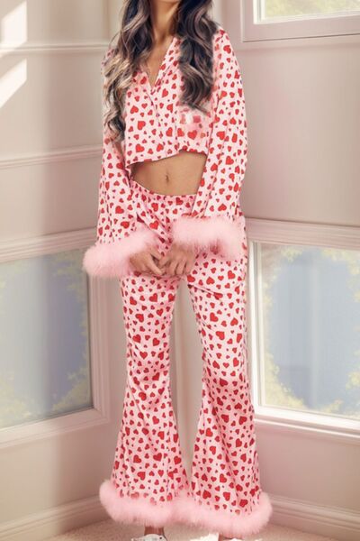 Fuzzy Trim Heart Print Cropped Top and Flare Pants Set - Brenlee The  Boutique 