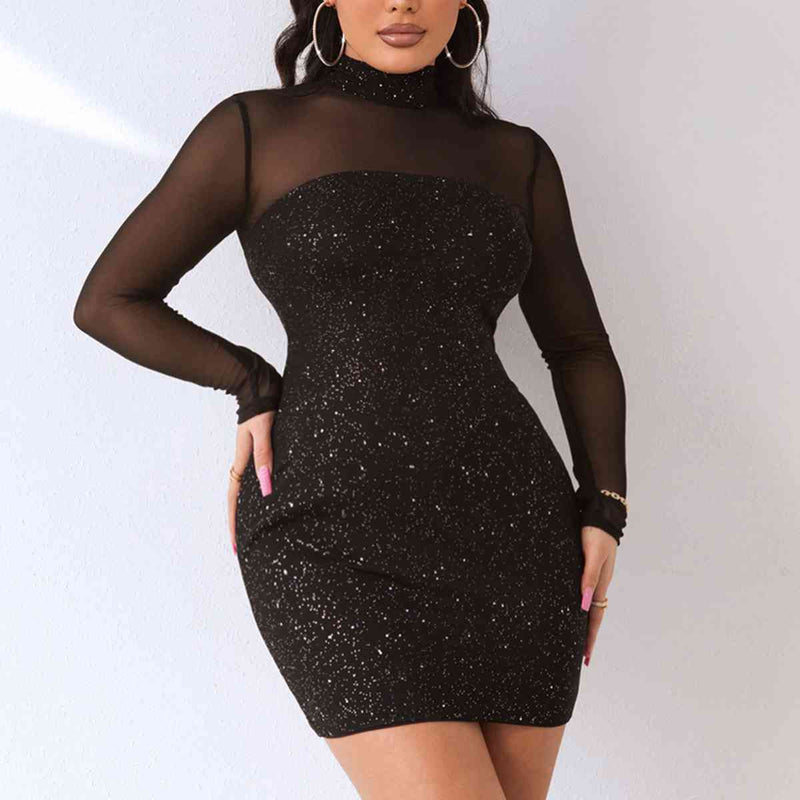 Sequin Mock Neck Mesh Dress - Brenlee The  Boutique 