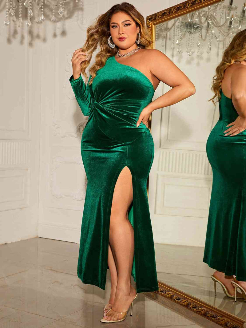 Plus Size One-Shoulder Twisted Split Dress - Brenlee The  Boutique 