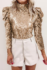 Sequin Mock Neck Leg-Of-Mutton Sleeve Top - Brenlee The  Boutique 