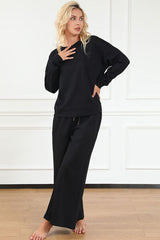 Double Take Full Size Textured Long Sleeve Top and Drawstring Pants Set - Brenlee The  Boutique 