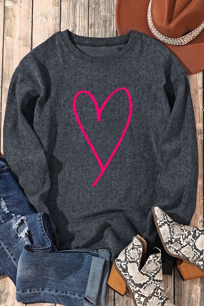 Heart Round Neck Dropped Shoulder Sweatshirt - Brenlee The  Boutique 