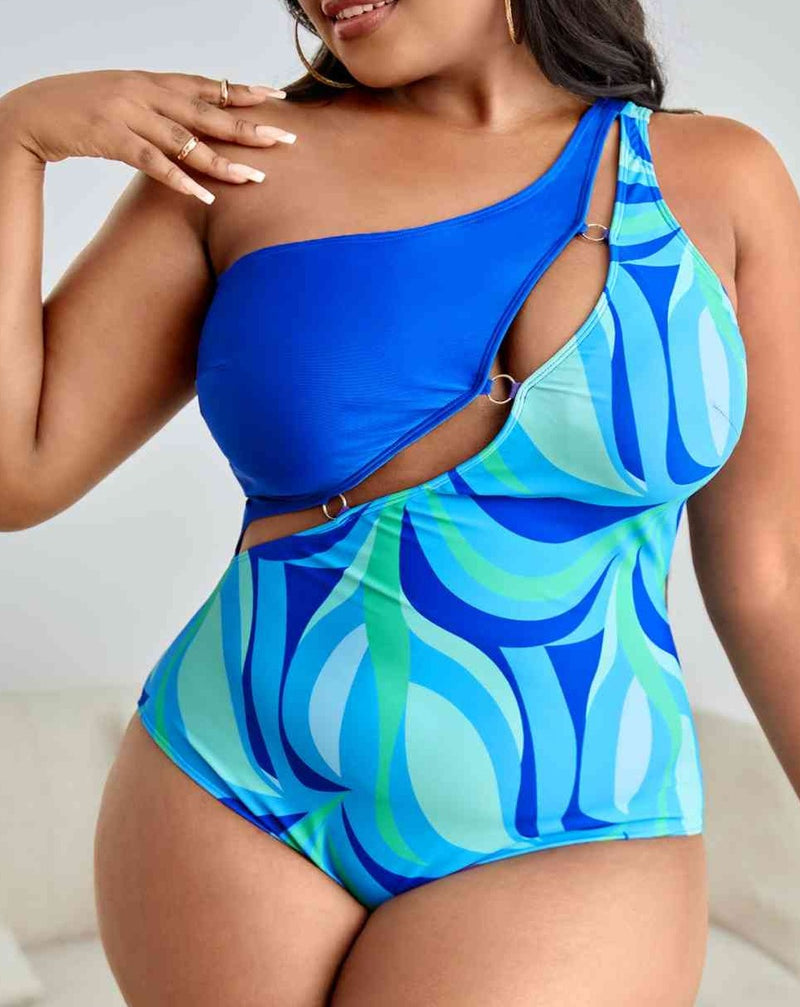 Plus Size Printed Ring Detail One-Shoulder One-Piece Swimsuit - Brenlee The  Boutique 