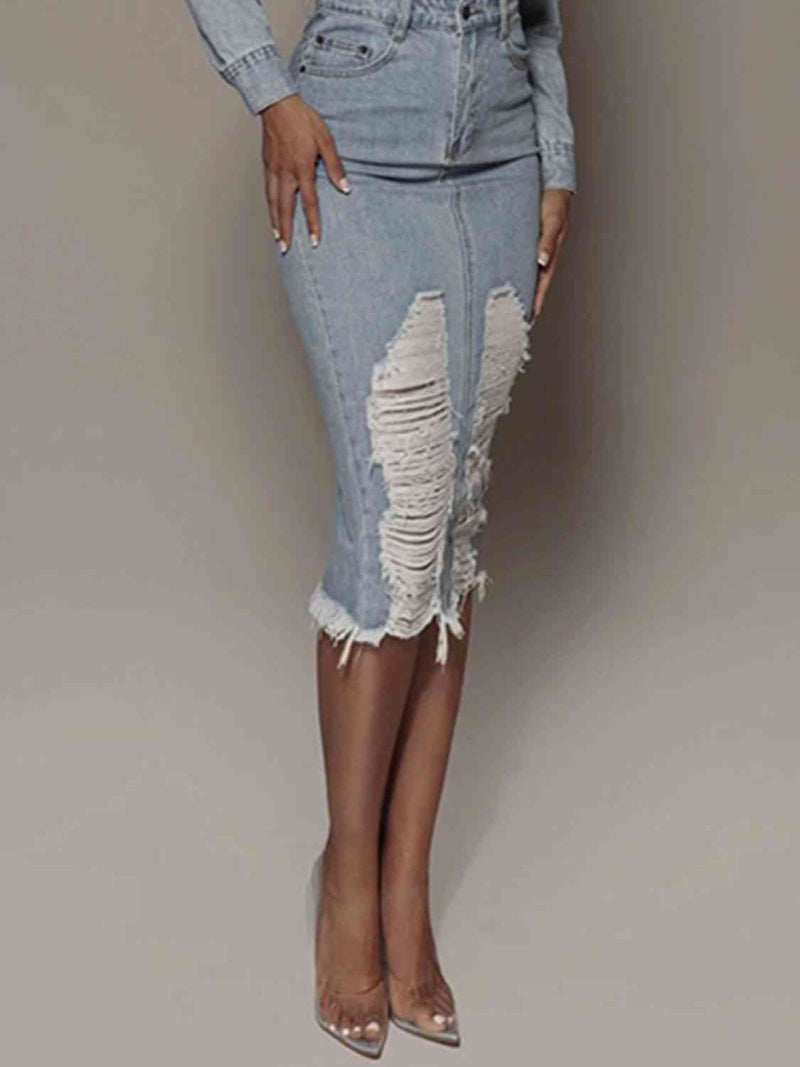 Distressed Slit Denim Skirt - Brenlee The  Boutique 