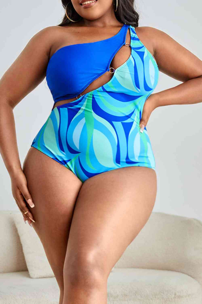 Plus Size Printed Ring Detail One-Shoulder One-Piece Swimsuit - Brenlee The  Boutique 