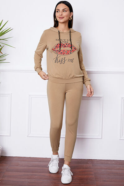 SHUT UP AND KISS ME Lip Graphic Hooded Top and Drawstring Pants Set - Brenlee The  Boutique 